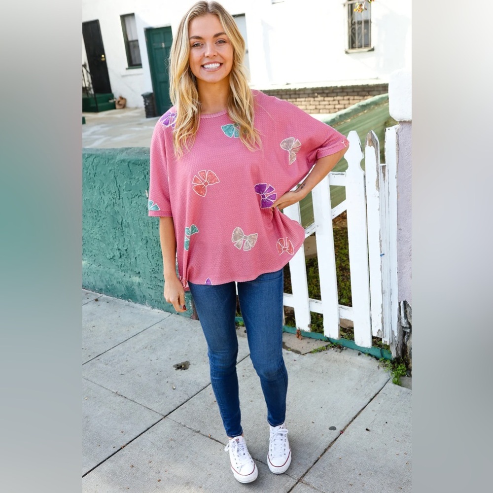 Beautiful You Pink Waffle Knit Dolman Bow Print Pullover